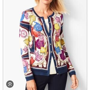 Talbots Cardigan Tea Party Size 2XP Novelty Colorful Preppy Artsy London Girly